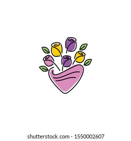 Flower dating logo icon for couple as a gift for boyfriend or girlfriend. In a pot and vase. fresh nature plant. vintage modern look. coronet line art. apply to web, shop, boutique, mobile phone, wall