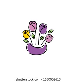 Flower dating logo icon for couple as a gift for boyfriend or girlfriend. In a pot and vase. fresh nature plant. vintage modern look. coronet line art. apply to web, shop, boutique, mobile phone, wall