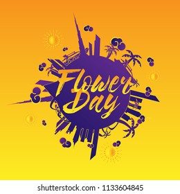flower day, beautiful greeting card background or banner with city and travel theme. vector