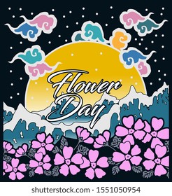 flower day, beautiful greeting card background or banner with sea and flower theme. design illustration