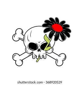 Flower of death and skull. Black Daisy flower grows their orbit of skeleton.
