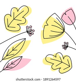 Blumendekoration. Muster der Flora. Linienblätter und Blumen. Naturdekoration