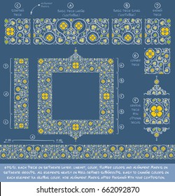 Flower Decorative building blocks to create Ornament compositions. All elements neatly on well-defined layers and groups. Easy to edit colors via Global Color.