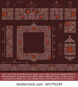 Flower Decorative building blocks to create Ornament compositions. All elements neatly on well-defined layers and groups. Easy to edit colors via Global Color.