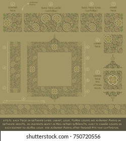 Flower Decorative building blocks to create Ornament compositions. All elements neatly on well-defined layers and groups. Easy to edit colors via Global Color.