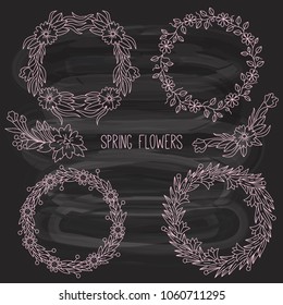 Flower decorative elements doodle line borders frames vector set on chalk board background