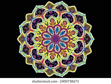 elementos decorativos de flores Patrón vintage de mandala color amarillo púrpura Ilustración vectorial, islámica, árabe, india, marroquí, española, turca, pakistaní, china, mística, otomana libro