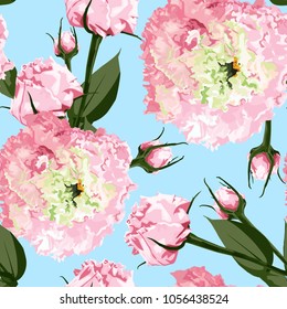 Flower delicate pattern of flowers Eustoma, Lysianthus. Beautiful garden flowers. Roses, peony. Design for cloth, wallpaper, gift wrapping. Print for silk, calico and home textiles. Blue background.