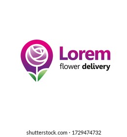 Flower deliver service, shop logotype concept. Flowers and map tag elements. Editable EPS vector