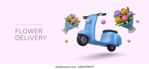 Flower delivery advertisement. Moped is in hurry to deliver bouquet to customer