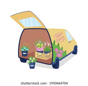 Flower delivery auto with opened trunk flat color vector object. Floral arrangements in vases. Bouquets in truck, courier service isolated cartoon illustration for web graphic design and animation