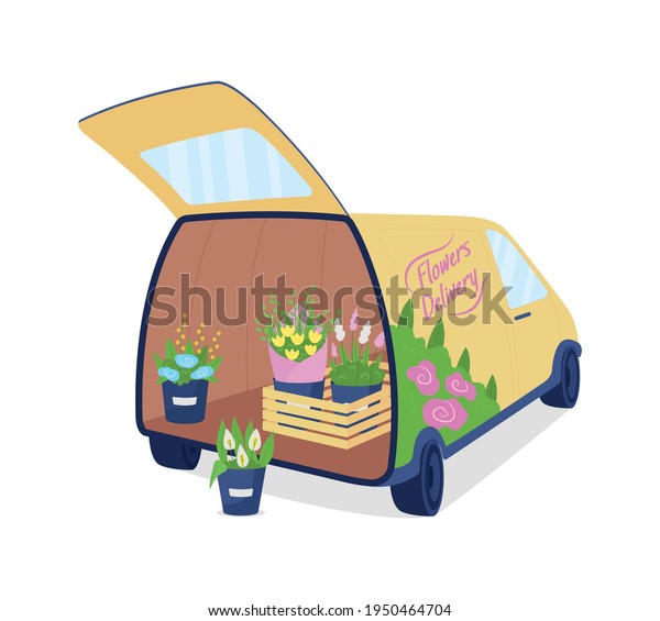 Flower delivery auto with opened trunk flat\
color vector object. Floral arrangements in vases. Bouquets in\
truck, courier service isolated cartoon illustration for web\
graphic design and\
animation