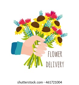flower delivery. a bouquet in his hand. business idea. flower shop. tulips, sunflowers, leaves, deliveryman
