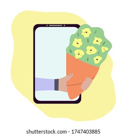 Flower delivery concept. Bouquet coming out of smartphone screen. Online. Flat vector illustration.