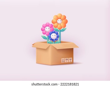 Concepto de entrega de flores. Flor en la caja. Ilustraciones de vectores Web 3D.