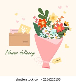 Flower delivery concept the recipient. Vector illustration with paper envelope, postcard, bouquet flower. Online delivery service for landing page.