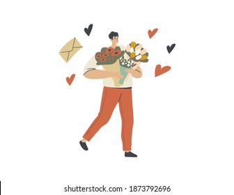 Flower Delivery Courier Male Character Carry Beautiful Bouquets Bringing to Customers for Holidays Celebration and Congratulation, Deliveryman Isolated on White Background. Linear Vector Illustration