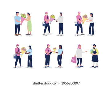 Flower delivery couriers with customers flat color vector detailed and faceless character set. Receive bouquet isolated cartoon illustration for web graphic design and animation collection