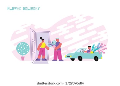 Flower delivery flat composition with text and images of opened door and delivery guys with car vector illustration