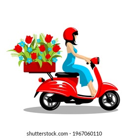 Flower delivery girl on a scooter on a white background in vector EPS8
