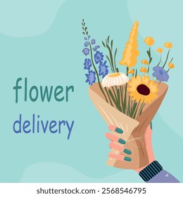 flower delivery, hand holding bouquet, craft bag, vector