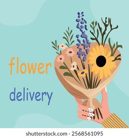 flower delivery, hand holding bouquet, craft bag, vector