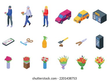 Flower delivery icons set isometric vector. Flower delivery. Deliver bike