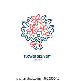 Flower delivery line icon. Vector for floral decoration service. Flower shop thin linear symbol, bouquet illustration.