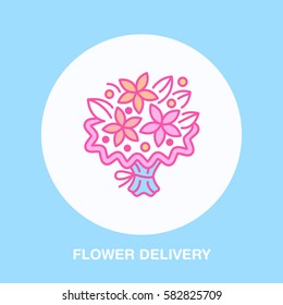 Flower delivery line icon. Vector logo for floral decoration service. Flower shop thin linear symbol, bouquet illustration.