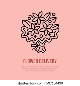 Flower delivery line icon. Vector logo for floral decoration service. Flower shop thin linear symbol, bouquet illustration.