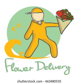 Flower delivery logo with fast courier whose deliver a beautiful awesome bouquet of flowers for any celebration vector illustration