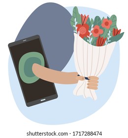 Flower delivery mobile app. Hand with bouquet on a smartphone screen, service for choosing and ordering plants. flat vector illustration.