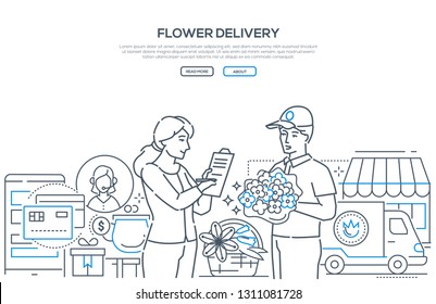 Flower delivery - modern line design style vector illustration on white background with copy space for text. High quality composition with a young woman taking a bouquet from a boy, signing papers