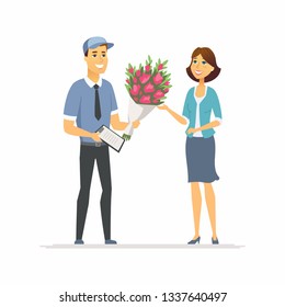 Flower delivery - modern vector cartoon people characters illustration on white background. High quality colorful composition with a young smiling woman taking a bouquet from a boy, signing papers