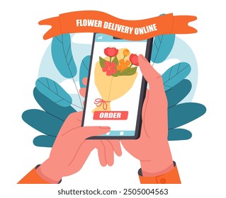 Flower delivery online. Hands holding smartphone with bouquet on screen. Floristry and botany, flower shop. Romantic gift and present. Flat vector illustration isolated on white background