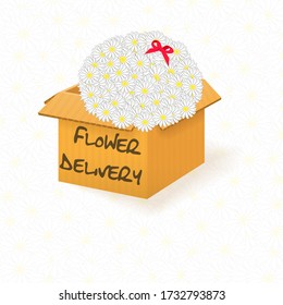 Flower delivery open cardboard box with a bouquet of daisies and a red bow on a white background of daisies. Vector illustration