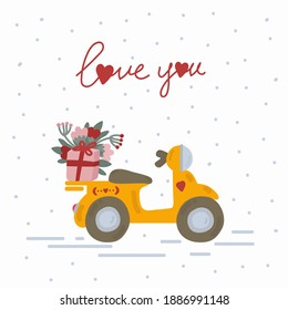 Flower Delivery poster with hearts. Cute greeting card romantic background. Yellow motorbike with flowers and the inscription Love you. A gift for Valentine's Day, love, romance. Vector illustration