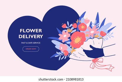 Flower Delivery Service Banner. Courier Wearing Gloves While Delivering. Landing Page For Flower Store Website.