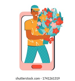 Flower delivery service. Male courier delivers a bouquet of flowers. Order via an online app or online store. Buy through the smartphone. Romantic surprise and gift. Vector flat illustration