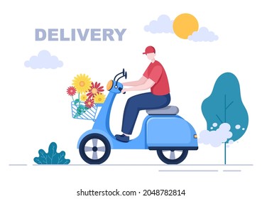 Flower Delivery Service Online Business with Courier Holding a Flowers Order Bouquet Using Trucks, Cars or Motorbikes. Background Vector Illustration 