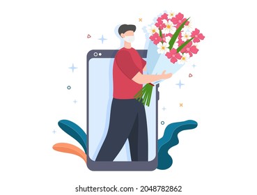 Flower Delivery Service Online Business with Courier Holding a Flowers Order Bouquet Using Trucks, Cars or Motorbikes. Background Vector Illustration 