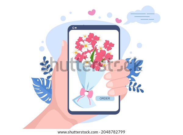 Flower Delivery Service Online Business
with Courier Holding a Flowers Order Bouquet Using Trucks, Cars or
Motorbikes. Background Vector Illustration
