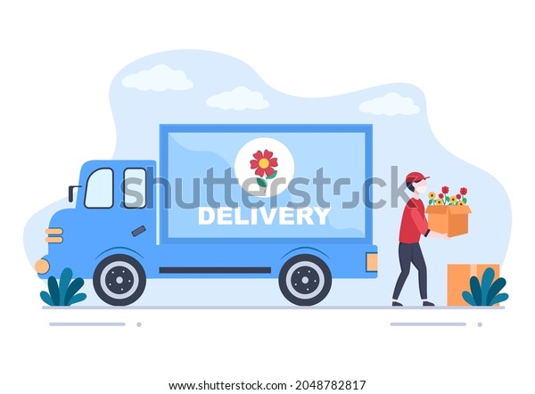 Flower Delivery Service Online Business
with Courier Holding a Flowers Order Bouquet Using Trucks, Cars or
Motorbikes. Background Vector Illustration
