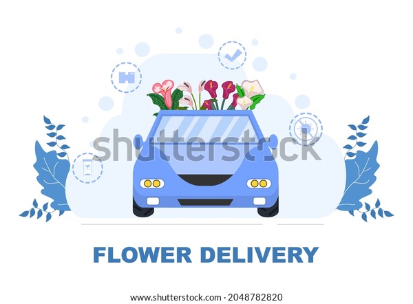 Flower Delivery Service Online Business\
with Courier Holding a Flowers Order Bouquet Using Trucks, Cars or\
Motorbikes. Background Vector Illustration\
