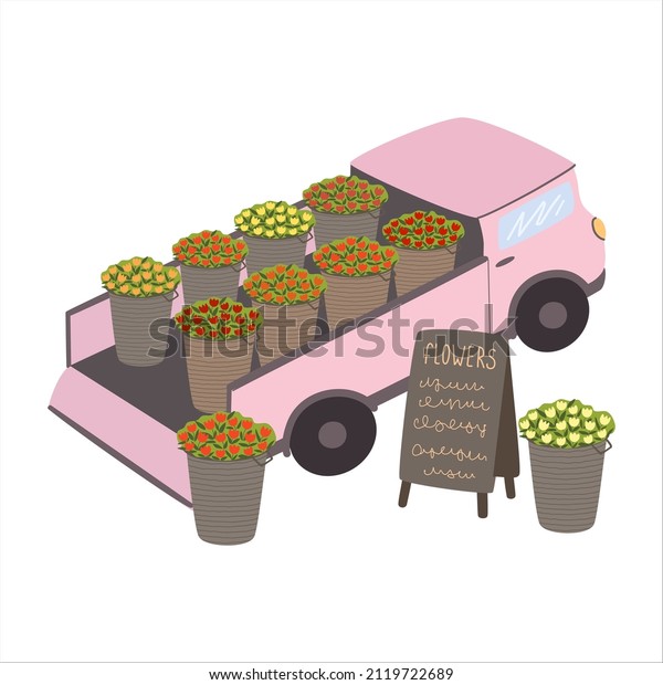 Flower delivery\
service. Transportation of flowers for sale. Truck filled with\
baskets of flowers. Chalk advertising wooden board. Cartoon vector\
illustration, flat style.\
