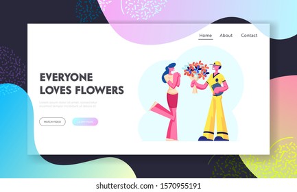 Flower Delivery Service Website Landing Page. Surprised Girl Get Bouquet from Deliveryman. Boyfriend Sending Present to Girlfriend. Loving Relation Web Page Banner. Cartoon Flat Vector Illustration
