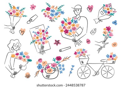 Conjunto de entrega de flores, composiciones con ramos, Ilustración vectorial de mensajero sosteniendo flores, App de la floristería en línea, teléfono inteligente con composición floral, mujer feliz con regalo, bicicleta vintage