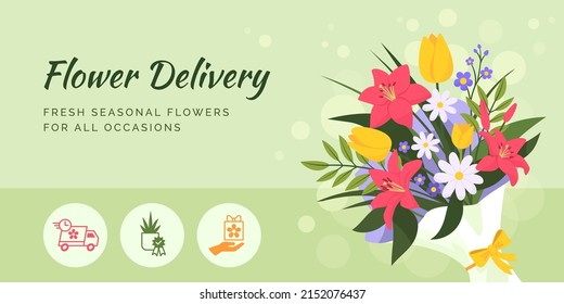 Flower Delivery For Special Occasions, Promotional Banner With Beautiful Bouquet And Icons Set