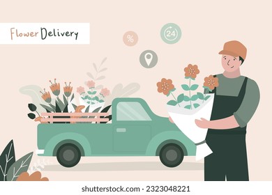 Flower delivery truck and courier with bouquet. Flowers shop mobile on wheels. Vintage pickup car and deliveryman with various bouquets of flowers. Floral automobile with plants in pots. flat vector