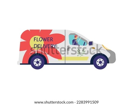 Flower delivery truck, flat vector illustration isolated on white background. Courier driving car. Flower shop business concept. Man delivering flora bouquet.
